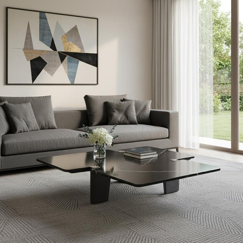 Genuine Marble Solid Wood Free Form Coffee Table - Black