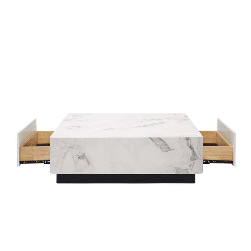 Cement Wood Square Block Coffee Table With Two Drawers - White / Black