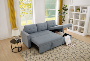 Upholstered Pull Out Sectional Sofa with Storage Chaise, Convertible Corner Couch, Light Grey