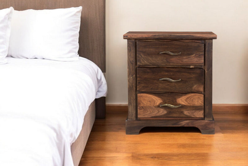 Three Drawer Solid Wood Nightstand - Dark Brown