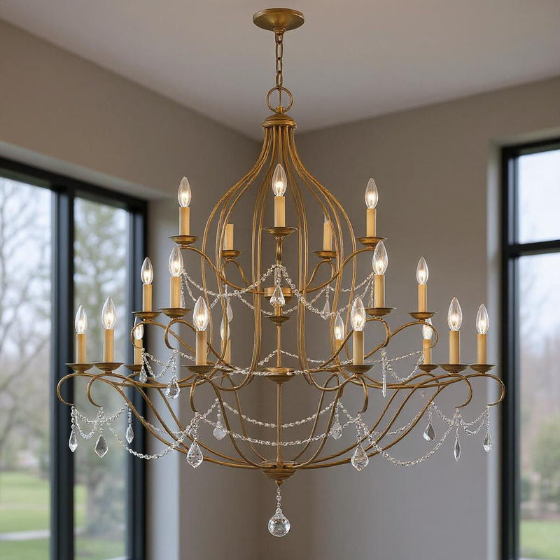 Twelve Light Dimmable Chandelier With Shades - Antiqued Gold