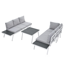 Load image into Gallery viewer, TOPMAX Industrial 5-Piece Aluminum Outdoor Patio Furniture Set, Modern Garden Sectional Sofa Set with End Tables, Coffee Table and Furniture Clips for Backyard, White+Grey
