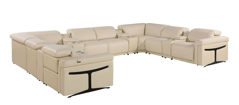 Italian Leather Power Reclining U Shaped Twelve Piece Sectional With Console - Beige