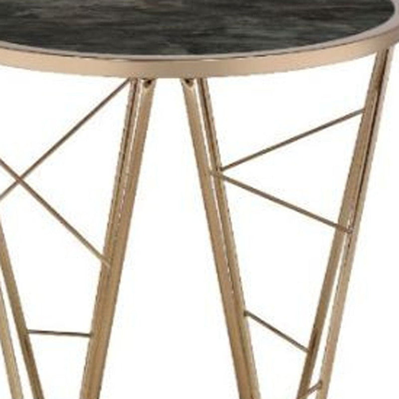 Faux Marble Glass And Metal Round End Table - Champagne And Black