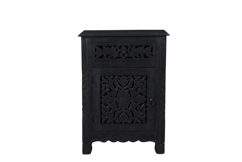 One Drawer Floral Carved Solid Wood Nightstand - Distressed Black