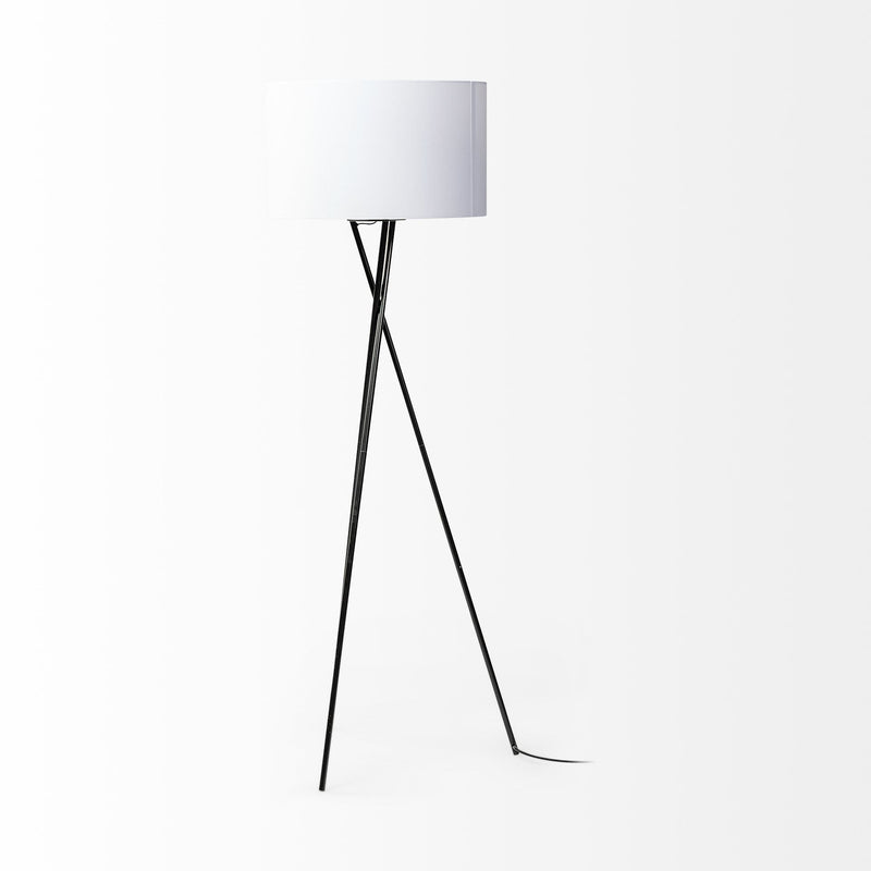 Tripod Floor Lamp With White Fabric Drum Shade - Black