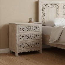 Load image into Gallery viewer, Three Drawer Floral Carved Solid Wood Nightstand - Distressed Gray
