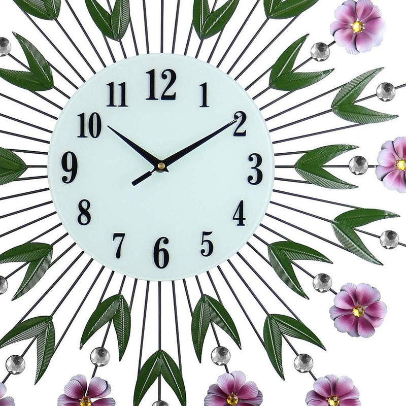 Silent Analog Floral Round Wall Clock - Purple / Green / White