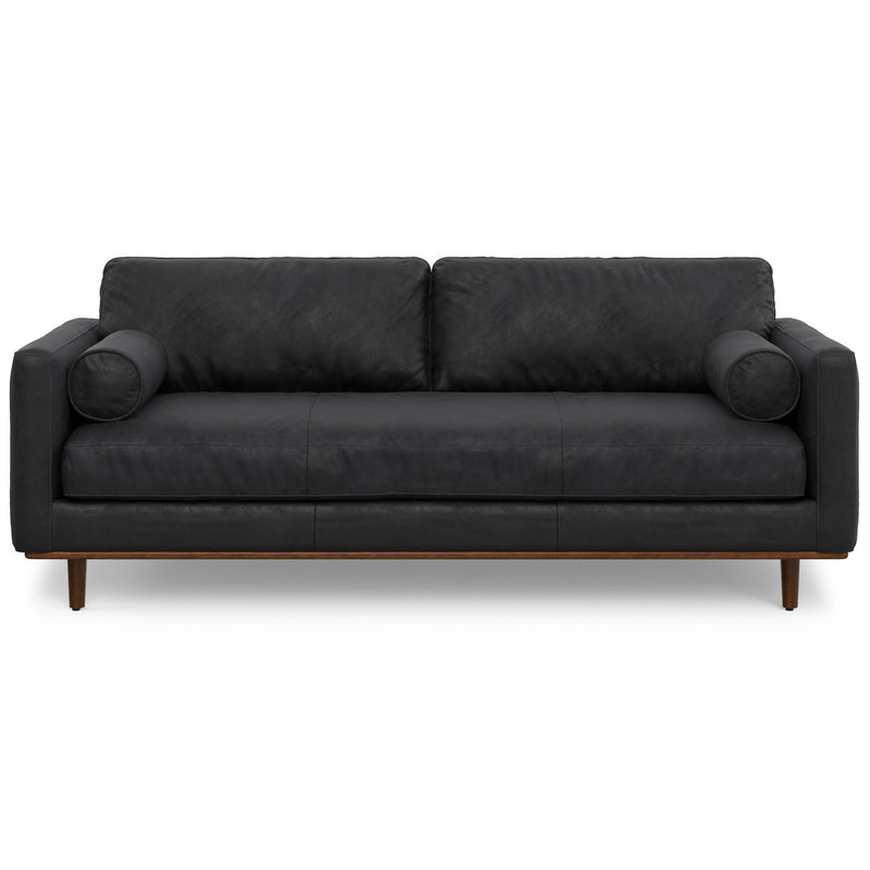 89" Leather Sofa With Brown Legs - Black
