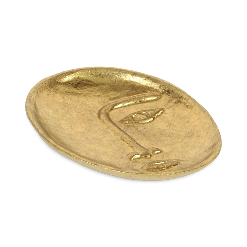 8" Cast Iron Mod Abstract Face Oval Trinket Tray - Gold