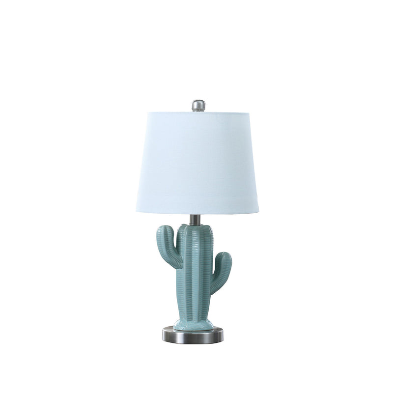 Ceramic Cactus Table Lamp With White Shade - Pale Blue / Green