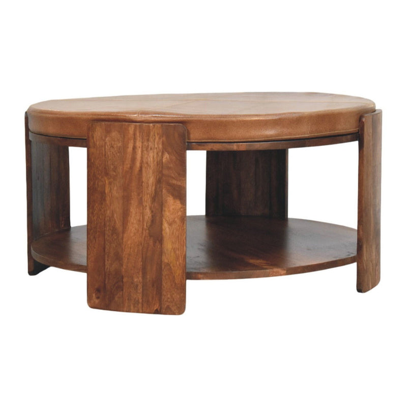 Genuine Leather And Solid Wood Round Solid Coffee Table - Brown