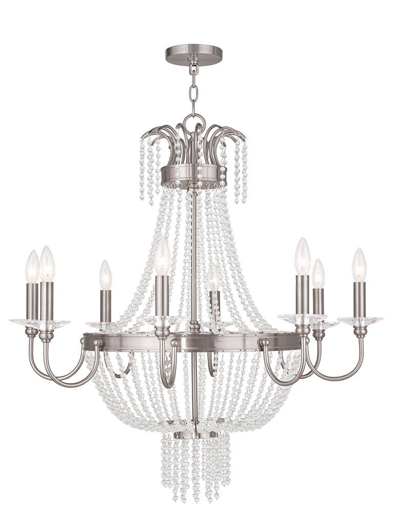 33" Eight Light Metal Dimmable Chandelier With Shades - Nickel / Clear