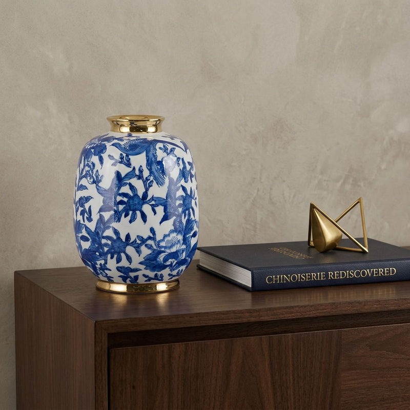Chinoiserie Floral Porcelain Table Vase (574254) - Blue / Gold / White