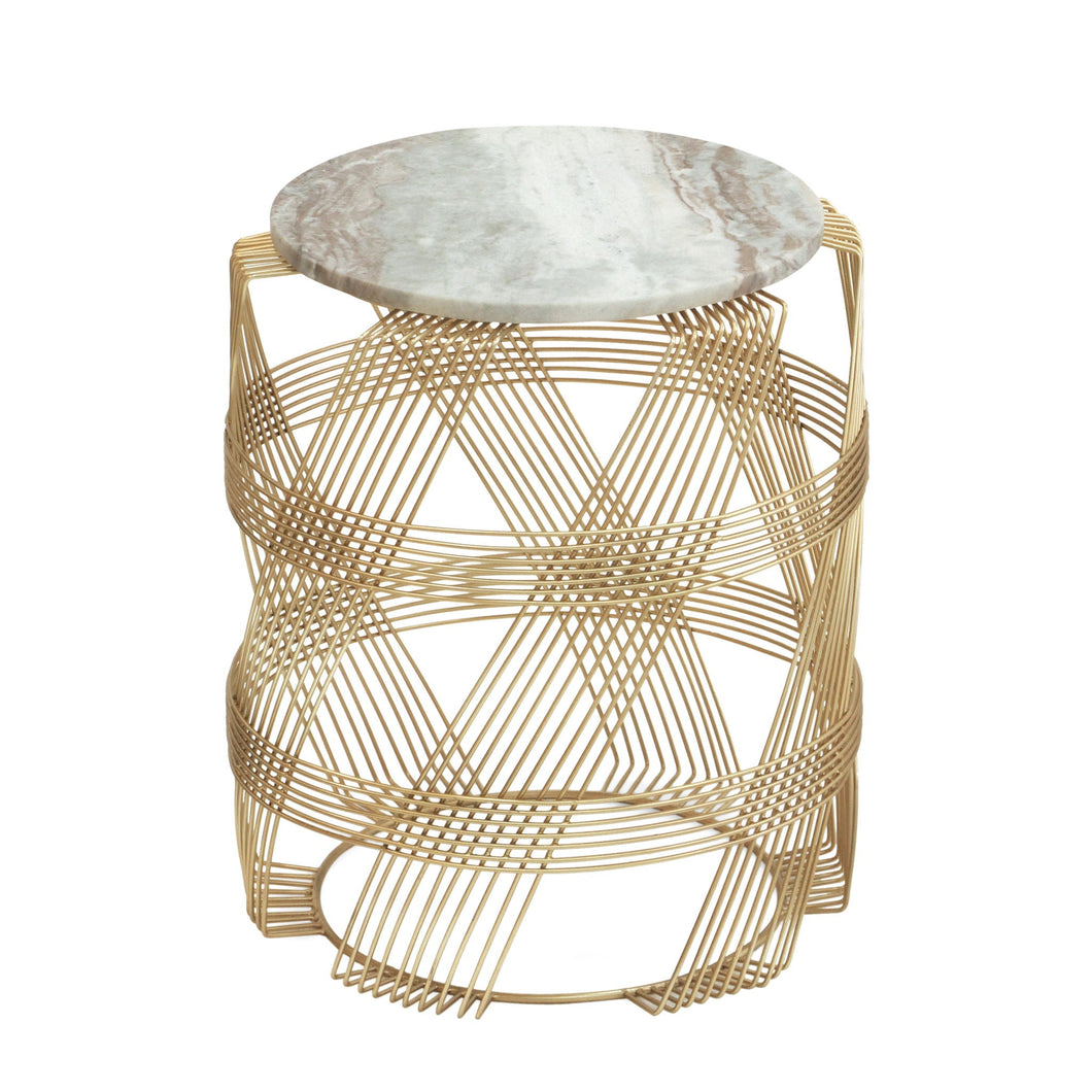 Round Table With Marble Top And Metal Base - Gold / Natural