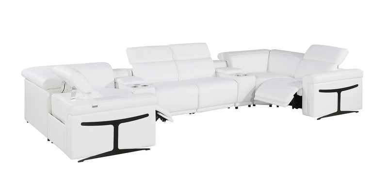 Leather Power Reclining U Shaped Eight Piece Corner Sectional With Console - White
