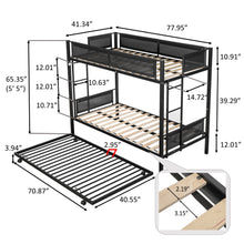 Load image into Gallery viewer, Metal Twin over twin bunk bed with Trundle/ Sturdy Metal Frame/ Noise-Free Wood Slats/ Comfortable Textilene Guardrail/ 2 side Ladders/ Space-Saving Trundle/ Bunk Bed for Three/ No Box Spring Needed
