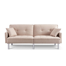 Load image into Gallery viewer, Polyester Blend Convertible Futon Sleeper Sofa And Toss Pillows With Silver Legs - Beige
