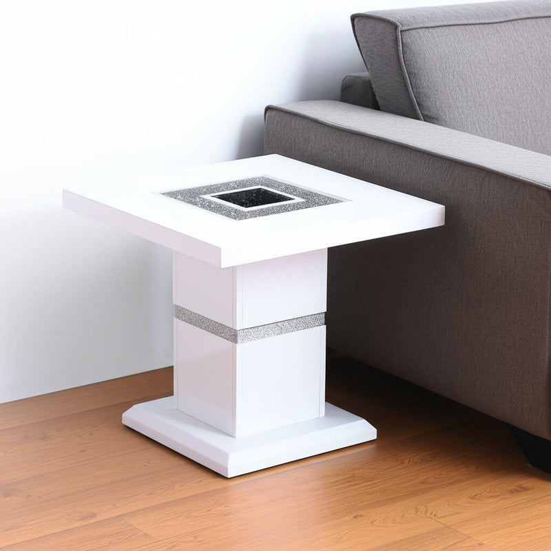 24" Glass And Wood Faux Crystal Bling Square Pedestal End Table - White And Silver