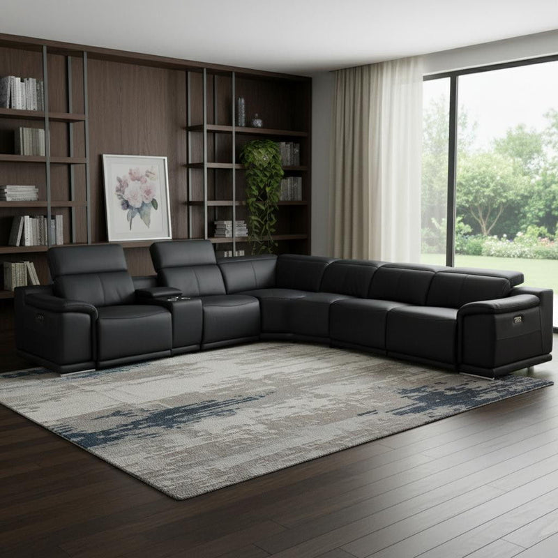 Italian Leather Power Reclining Seven Piece Corner Sectional With Console - Black