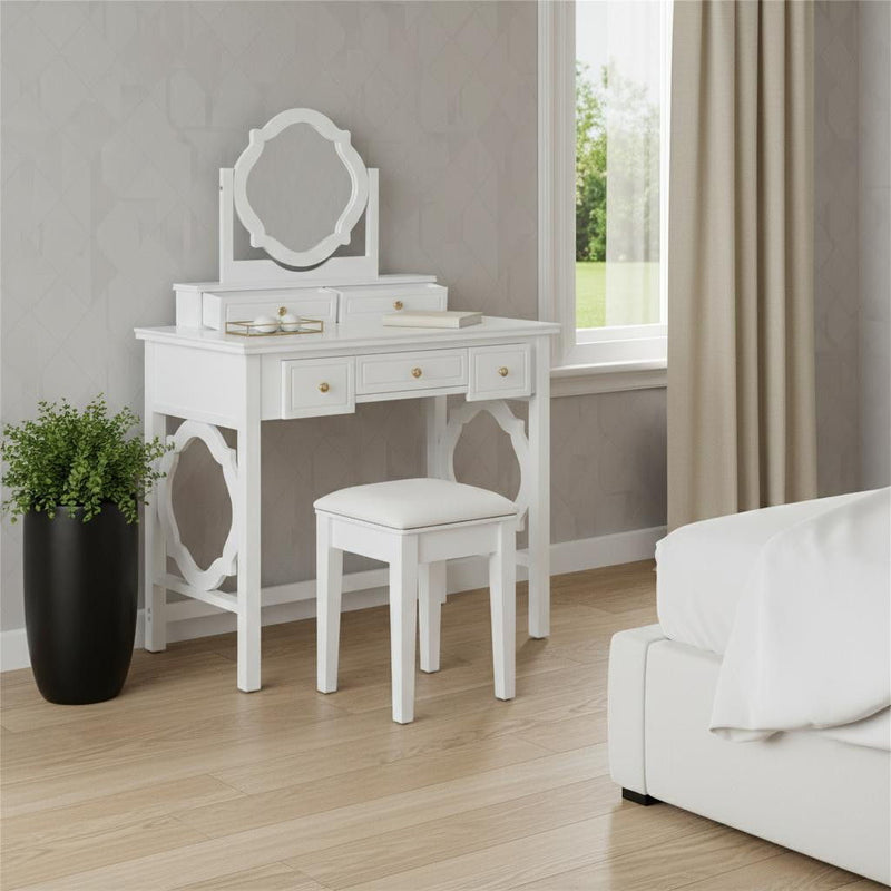 Wood Mirrored Five Drawer Vanity Table - White