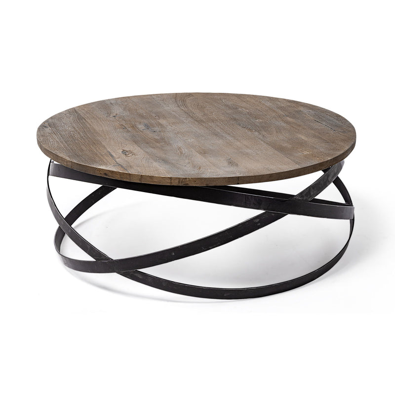 41" Solid Wood And Metal Round Coffee Table - Brown And Black