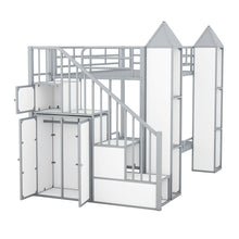 Load image into Gallery viewer, Metal Twin over Twin Castle-shaped Bunk Bed with Wardrobe and Multiple Storage, Gray+White
