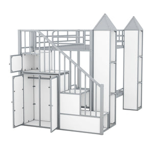 Metal Twin over Twin Castle-shaped Bunk Bed with Wardrobe and Multiple Storage, Gray+White