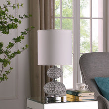 Load image into Gallery viewer, Faux Crystal Double Orb Table Lamp With White Classic Drum Shade - Chrome
