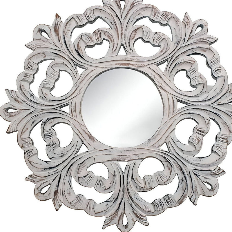 24" Floral Scrollwork Distressed Round Framed Accent Mirror - White