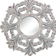 Load image into Gallery viewer, 24" Floral Scrollwork Distressed Round Framed Accent Mirror - White

