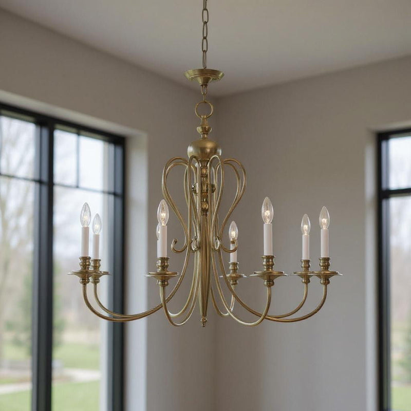 32" Eight Light Dimmable Chandelier With Shades - Antiqued Brass