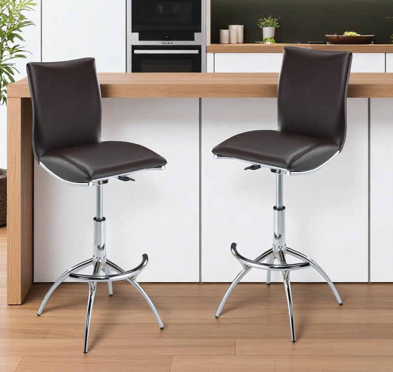 Contemporary Metal And Faux Leather Low Back Adjustable Height Bar Chairs (Set of 2) - Brown