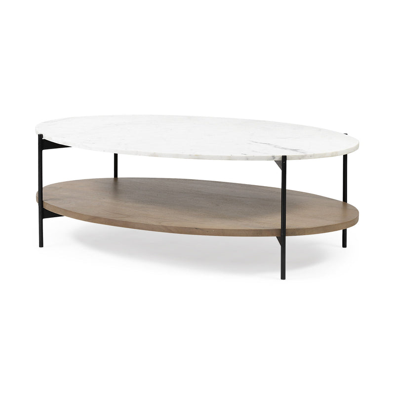 Oval Marble Top And Black Metal Base Coffee Table W Wood Shelf - White