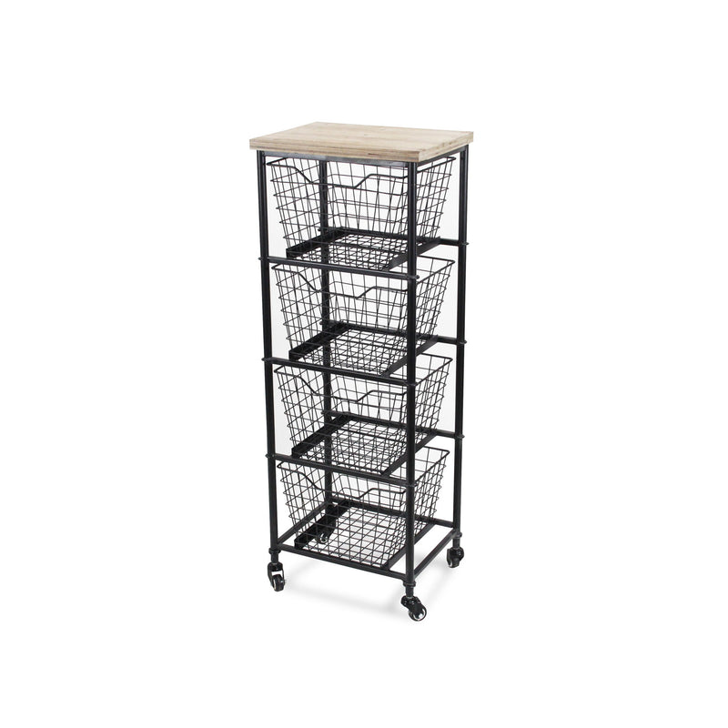 41" Metal And Wood Basket Storage Rolling Cabinet - Black And Natural