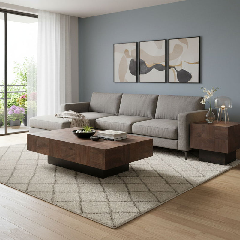 Solid Wood Block Coffee Table (Set of 2) - Natural / Brown
