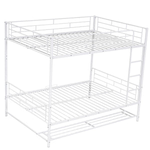 Full Over Full Metal Bunk Bed with Shelf and Guardrails, White