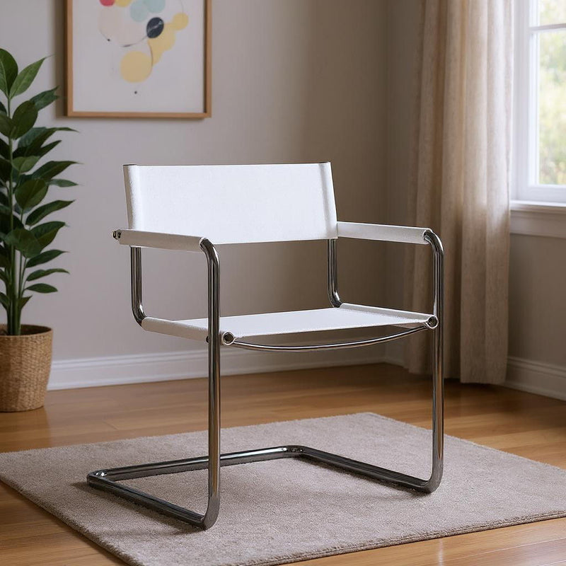 Leather Stainless Steel Arm Chair - Silver / White