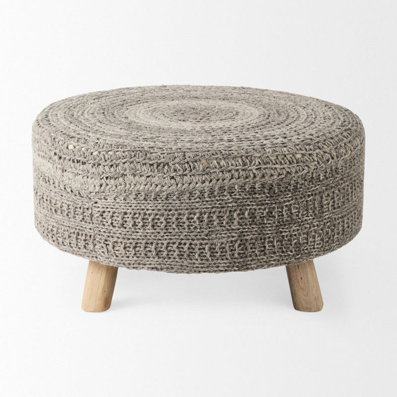 Wool Round Pouf Ottoman - Gray / Brown
