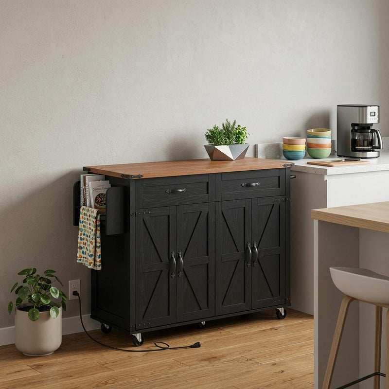 Brown And Wood Flat Door Rolling Kitchen Cart With USB - Black