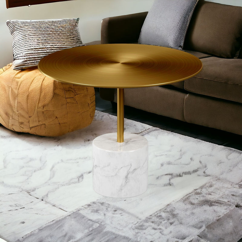 Steel And Stone Round Coffee Table - Gold And White