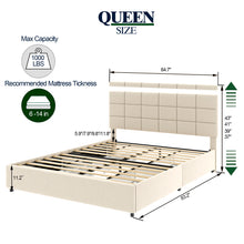 Load image into Gallery viewer, Vera Queen Size Ivory Velvet Upholstered Platform Bed with Patented 4 Drawers Storage, Square Stitched Button Tufted Headboard, Wooden Slat Mattress Support No Box Spring Required
