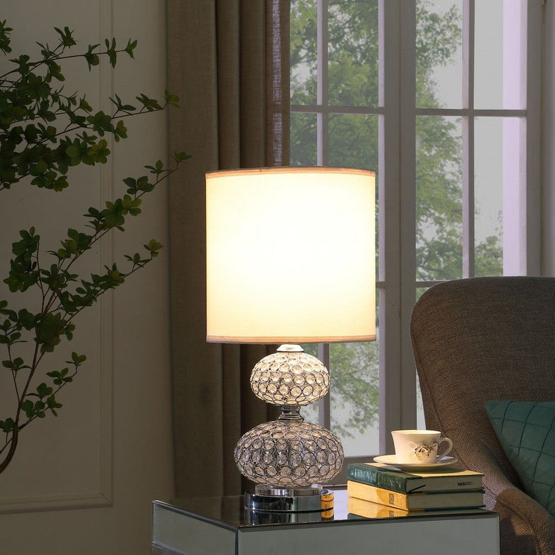 Faux Crystal Double Orb Table Lamp With White Classic Drum Shade - Chrome