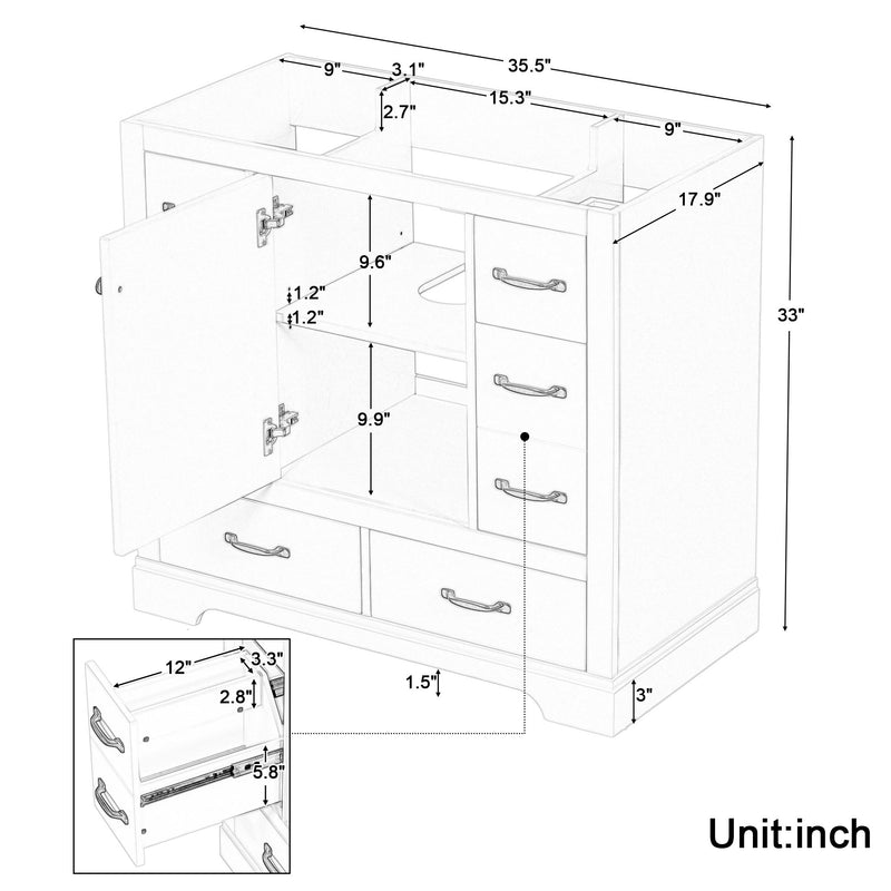 Modern Bathroom Vanity Base Only, 6 Drawer Storage With Adjustable Shelf
