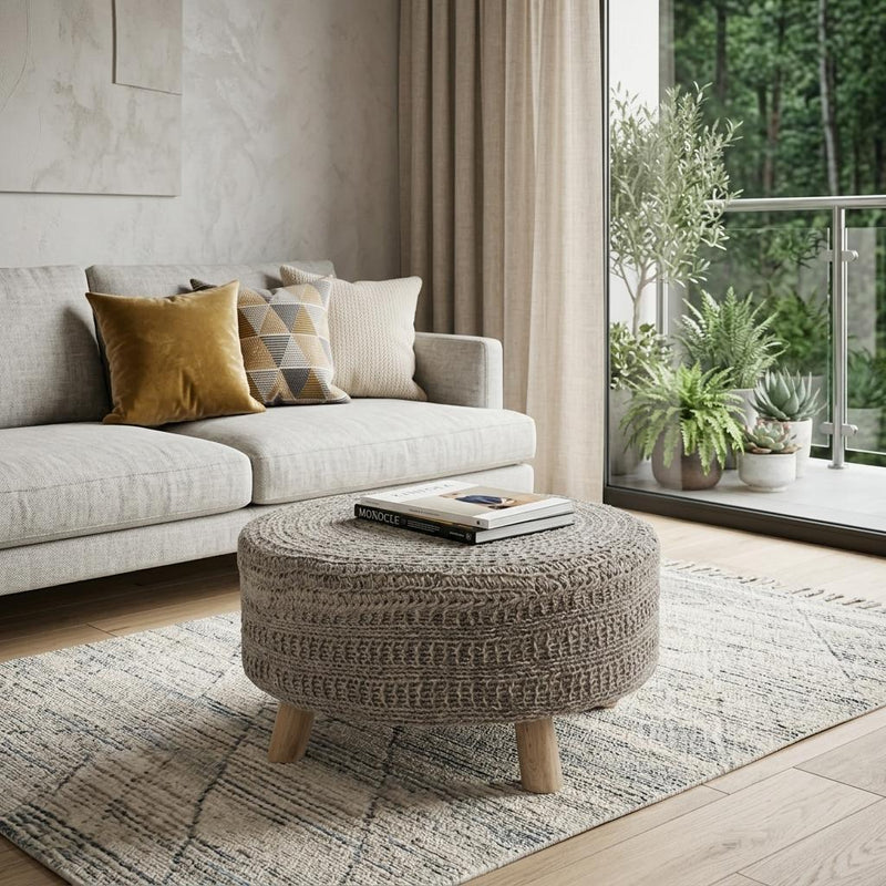Wool Round Pouf Ottoman - Gray / Brown
