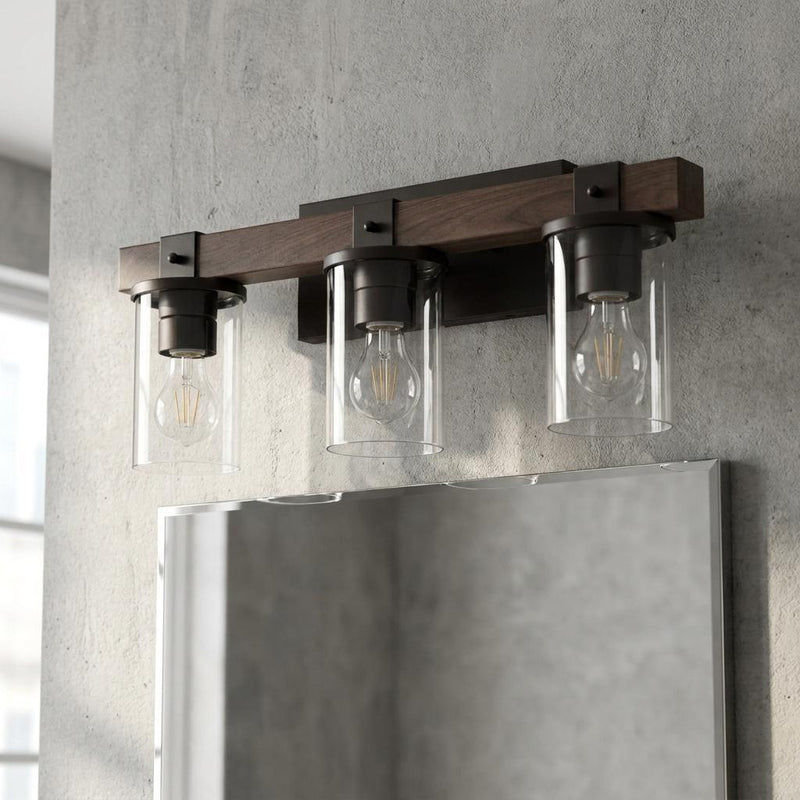 Wood Metal And Glass Three Light Bath Bar Vanity Light - Brown