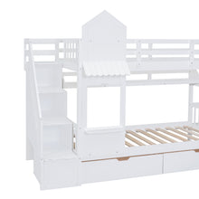 Load image into Gallery viewer, Twin-Over-Twin Castle Style Bunk Bed with 2 Drawers 3 Shelves and Slide - White
