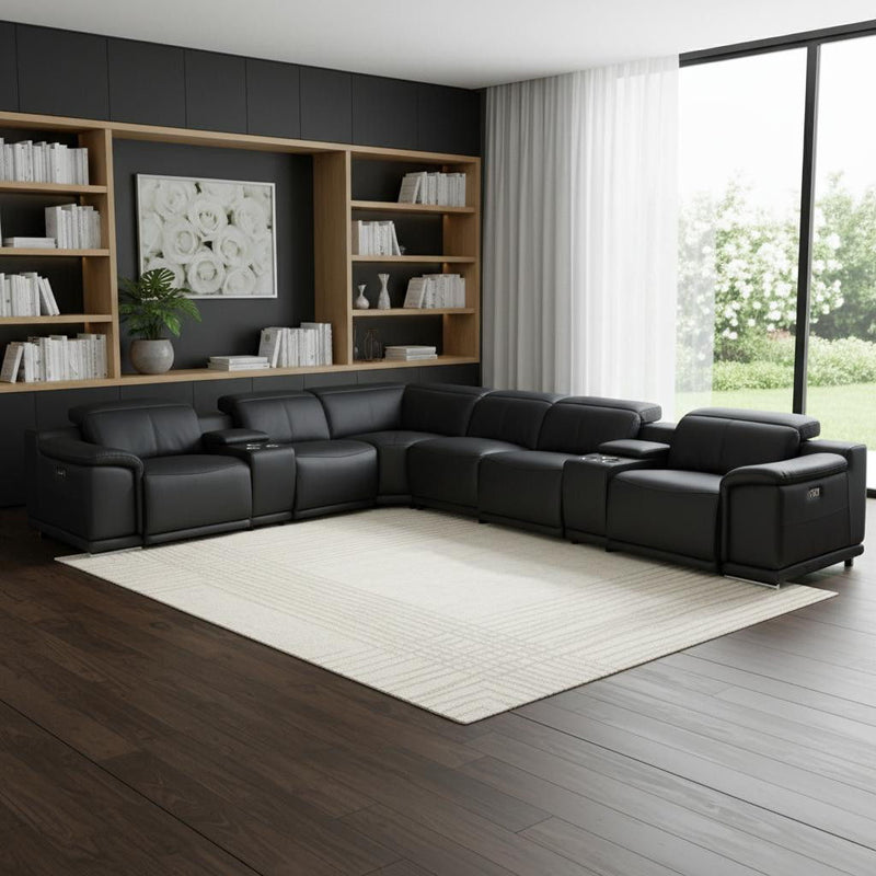 Italian Leather Power Reclining Eight Piece Corner Sectional With Console - Black