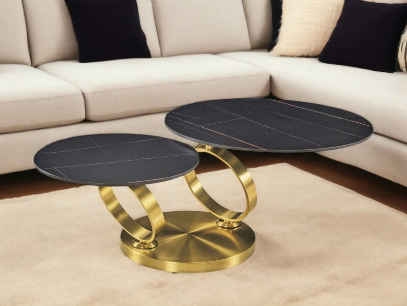 32" Ceramic Tile And Metal Round Distressed Abstract Coffee Table - Black And Gold