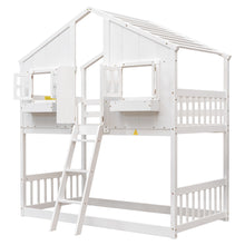 Load image into Gallery viewer, Twin over Twin House Bunk Bed with Roof , Window, Window  Box, Door , with Safety Guardrails and Ladder,White
